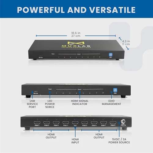 Miniatura 2 de MuxLab Divisor HDMI 1x8 1 en 8 salidas 4K a 60 Hz 4:4: 4 HDR HDMI 2.0 HDCP 2.2 TrueHD Dolby Atmos DTS:X Uso con monitor HDR 4K