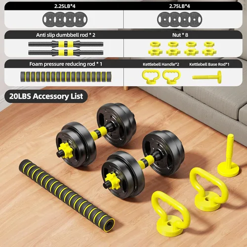 Miniatura 2 de Juego de mancuernas ajustables, pesas libres de 10 a 90 libras con conector – mancuernas 4 en 1, barra, pesa rusa y soporte para flexiones, juego