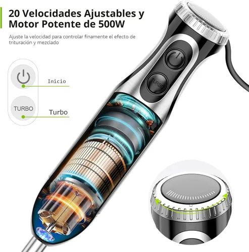 Miniatura 2 de Bonsenkitchen Batidora de inmersión de mano con procesador de alimentos, batidora de mano de 20 velocidades con modo turbo, hoja de acero