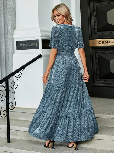 Miniatura 3 de Amegoya Vestido largo de terciopelo de manga corta con cuello en V para mujer, vestido largo formal para invitados de boda, otoño, noche, fiesta