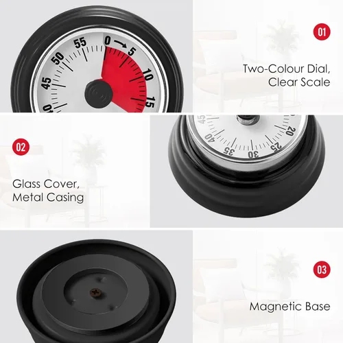 Miniatura 5 de Temporizador visual, temporizador de cuenta regresiva de 60 minutos, temporizador de cocina con base magnética, reloj mecánico, alerta de timbre