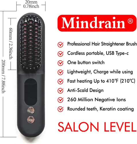 Miniatura 8 de Mindrain Mini cepillo alisador de pelo inalámbrico Pro A+, cepillo alisador portátil para viajes, alisador de peine caliente iónico, recargable por