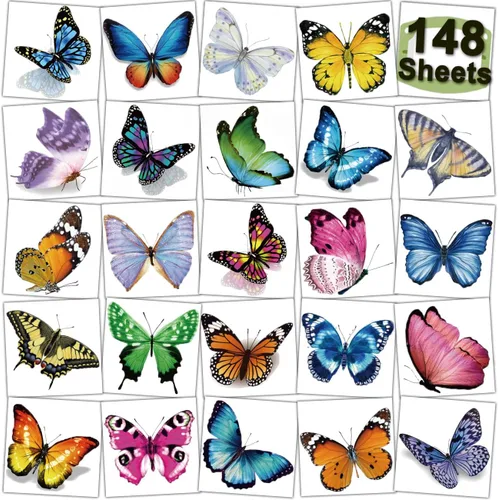 CHARLENT 148 hojas individuales de tatuajes temporales de mariposa para niñas y mujeres, tatuajes de mariposa realistas 3D para niños, regalos de