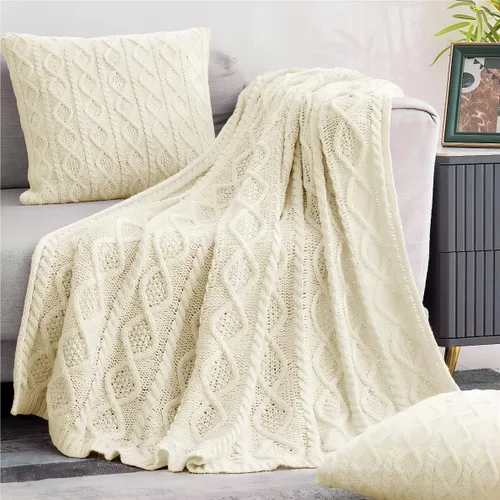 Miniatura 13 de Homiest Juego de 3 mantas y almohadas de punto trenzado, color blanco crema, manta de punto (50 x 60 pulgadas) y 2 fundas de almohada