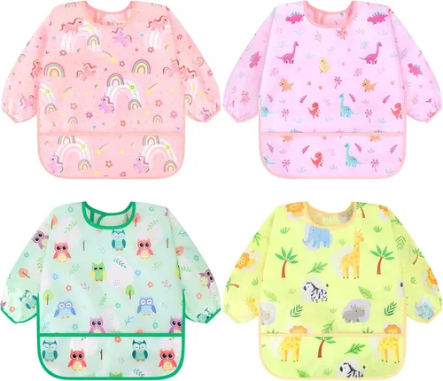 Miniatura 14 de Accmor 4 Pack Long Sleeve Bibs, Baby Smock Waterproof Sleeved Bib Smock for Baby Toddler 6-36 Months Dinosaurio azul/cerdo naranja/alce