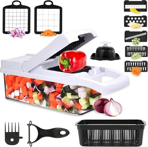 ISHKITCH - Picador de verduras 16 en 1 y rebanador de mandolina – Cortador de alimentos de varias cuchillas, picador de cebolla, cortador de