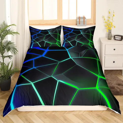 Miniatura 40 de Funda de edredón hexagonal verde estereoscópica de nido de abeja para niños, diseño geométrico de colmena, funda de edredón geométrica de panal