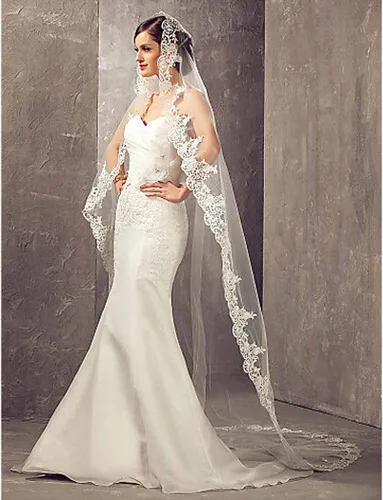 Aukmla Velos de novia de novia blanco hermoso velo largo con encaje y peine de metal en la longitud de la catedral del borde
