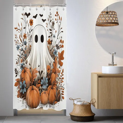 Miniatura 14 de LB Cortina de ducha pequeña de fantasma de Halloween de 48 x 68 pulgadas, forro de cortina de ducha de tamaño medio floral naranja, divertidas