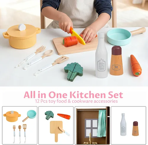 Miniatura 6 de INFANS Cocina esquinera para niños, juego de madera con carrito telescópico, luces realistas, sonidos, máquina de hielo, cajones de tela, horno