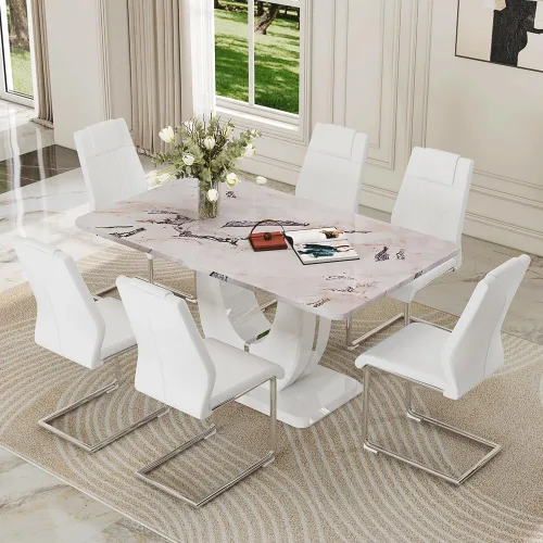 Miniatura 12 de Juego de 6 sillas de mesa de comedor para 6, juego de 6, moderno juego de comedor con mesa de comedor de mármol de 63 pulgadas, sillas tapizadas