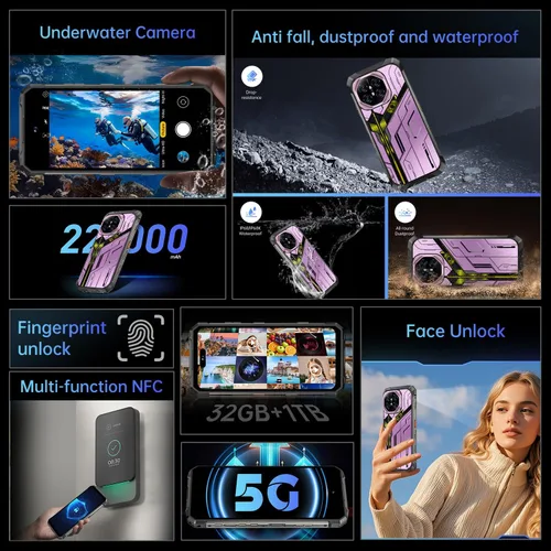 Miniatura 2 de Huness 16 Ultra 32+1TB Rugged Armor - Teléfono celular desbloqueado, pantalla HD de 6.99 pulgadas, batería Android 15, 22000 mAh, teléfono Rosa