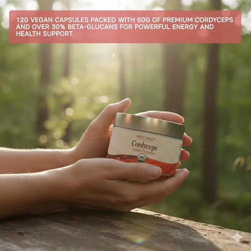 Miniatura 6 de Cordyceps Cápsulas de alta potencia 30% beta-glucanos 120 cápsulas veganas 60 porciones Apoya la vitalidad y resistencia Certificado