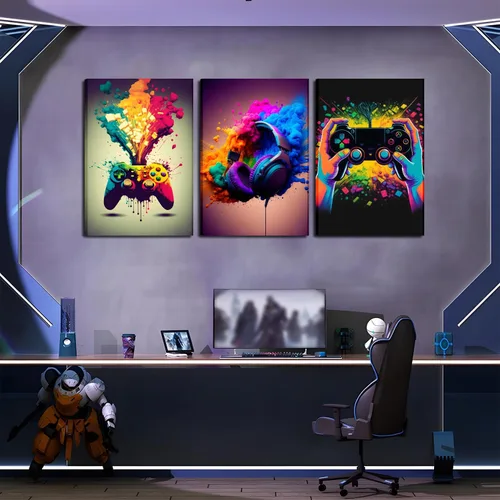 Miniatura 2 de Juego de Arte de Pared para Decoración de Sala de Juegos de 3 Piezas - Decoración de Pared de Control de Videojuegos para Gamers, Póster de Lienzo