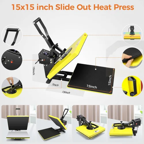 Miniatura 6 de AKEYDIY Prensa de calor 15x15, máquina de prensa de calor grande para camisetas (amarillo)