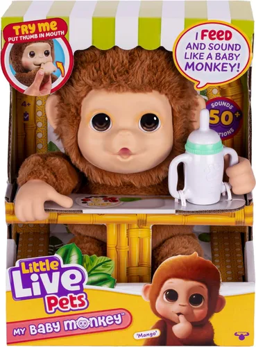 Little Live Pets My Baby Monkey "Mango" con biberón, juego de animales interactivos y suaves para niños de 4 años en adelante, más de 50 sonidos y