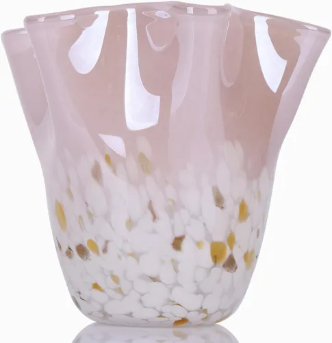 DOVDOV Florero de cristal rosa soplado a mano, decoración de jarrón de boca ancha ondulado, jarrón de vidrio único para centro de mesa de comedor,