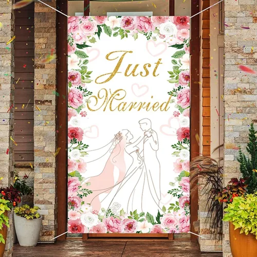 Miniatura 8 de Love Laughter - Cubierta para puerta de boda con 70.8 x 35.4 pulgadas, cartel colgante de despedida de soltera con diseño floral para parejas, Beige