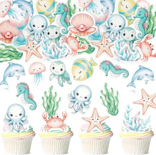 Miniatura 3 de 40 piezas comestibles bajo el mar, sirena, cupcakes, algas, pulpos, estrellas de mar, cupcakes, lindos animales del océano, selecciones de alimentos