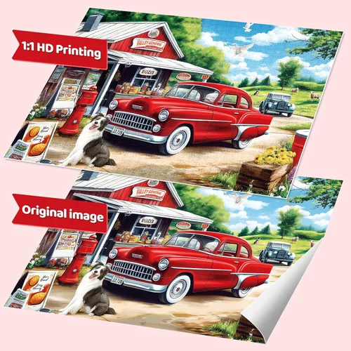 Miniatura 6 de Rompecabezas de 1000 piezas para adultos, rompecabezas de tienda de campo con coche rojo, perro y escena de pueblo rústico, rompecabezas escénico al