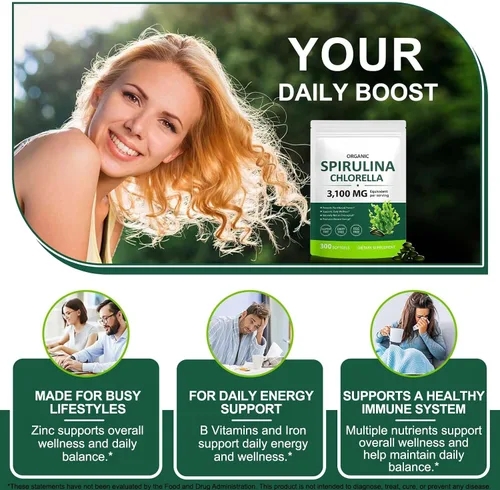Miniatura 7 de Cápsulas de Spirulina Chlorella, mezcla de superverdes 17 en 1 rica en proteínas, clorofila, vitaminas, apoya la energía, la salud inmune