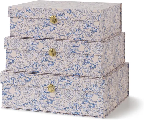 Soul & Lane Cajas de Almacenamiento Decorativas de Cartón Floral Azul y Blanco con Herrajes Dorados - Juego de 3, Jardín Aviario - Cajas Apilables