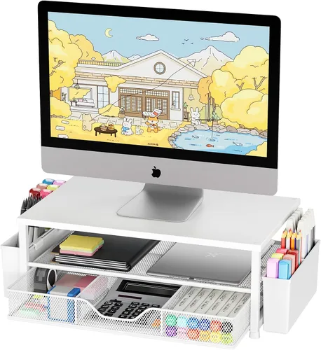 Miniatura 24 de OPNICE - Organizadores y accesorios de escritorio, con soporte de monitor de computadora de 2 niveles, cajón y 2 soportes para bolígrafos, Roble