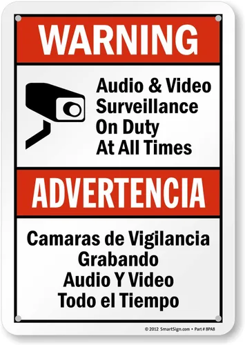 Miniatura 18 de SmartSign-S-9392-AL-14 Advertencia - Vigilancia de Audio y Video En Servicio en Todo Momento Letrero Bilingüe 10" x 14" de Aluminio - Negro/Rojo