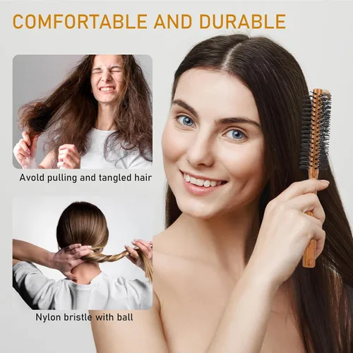 Miniatura 6 de Cepillo redondo con punta de bola con mango de madera y cerdas de nailon para cabello corto, flequillo, barbas de hombres y secado por soplado