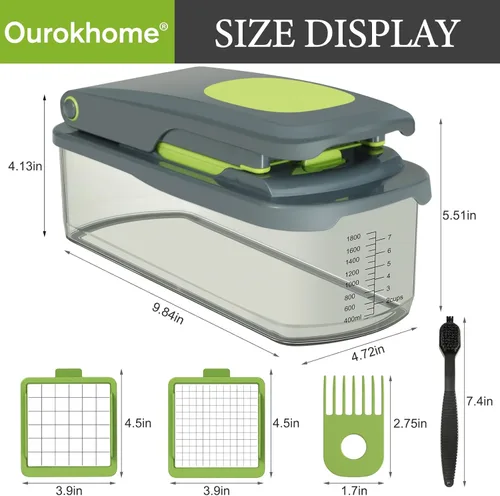 Miniatura 5 de Picadora de verduras Ourokhome con recipiente, picadora manual de verduras con 2 cuchillas de corte para tiras de papa, cubos de cebolla, palitos