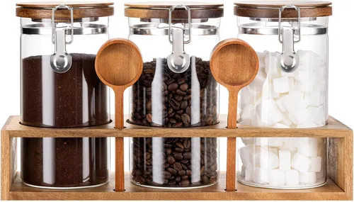 Miniatura 13 de Yangbaga Recipiente de Café de Vidrio con Estante de Madera, Juego de 2×45OZ Recipientes de Café y Azúcar, Recipientes de Café con Tapas Herméticas