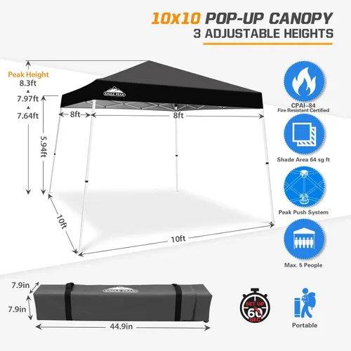 Miniatura 3 de Eagle Peak - Pérgola plegable (10.0 x 10.0 pies), patas inclinadas, de tela, para exteriores, fácil de montar, Negro