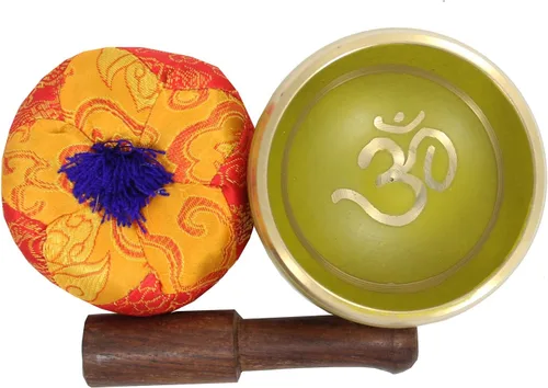 Miniatura 2 de DharmaObjects - cuenco para cantar el Om de la paz, para meditación relajante de yoga. Juego de almohadilla de seda, juego de martillo de Amarillo