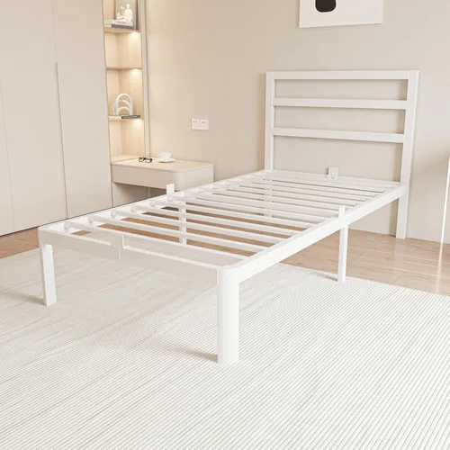 Base de cama individual de 14 pulgadas con cabecero, marco de cama de metal blanco, sin necesidad de somier, juntas antideslizantes, sin ruido,