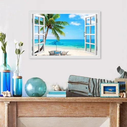 Miniatura 5 de Woxfcart Arte de pared de palmera de playa, imagen de escena del océano con impresiones de ventana para decoración de sala de estar azul y verde