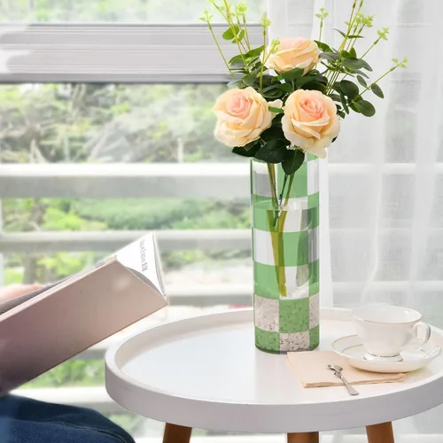 Miniatura 6 de Florero de plástico a cuadros americanos verdes y blancos para flores, 11.8 x 3.9 pulgadas, jarrón decorativo para boda, estante de entrada moderno