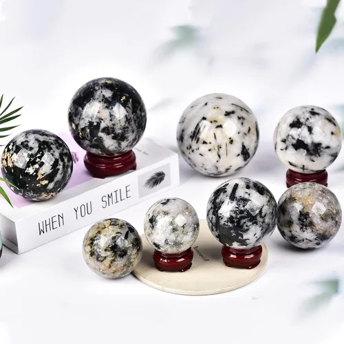 Miniatura 7 de JIC Gem Gran esfera de cristal negro y blanco con soporte Esfera de bola de cristal de turmalina negra y blanca Piedra preciosa decorativa Bola