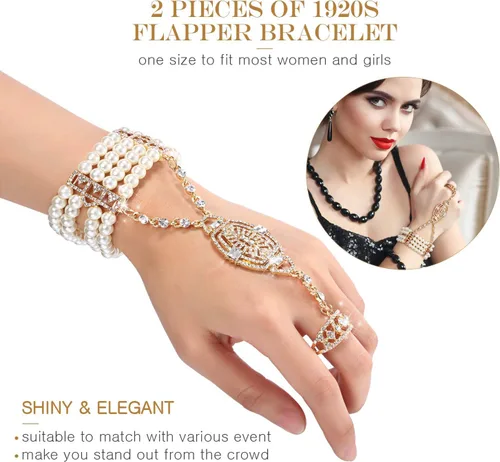 Miniatura 3 de Juego de 2 pulseras de los años 20 de los años 20, pulsera de cristal de perlas de imitación para mujer