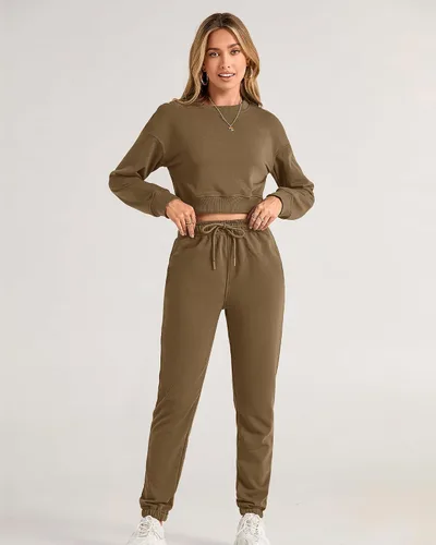 Miniatura 27 de BTFBM Conjunto deportivo de 2 piezas para mujer, camiseta corta de manga larga, sin botones, pantalón con cordón ajustable, pantalones deportivos