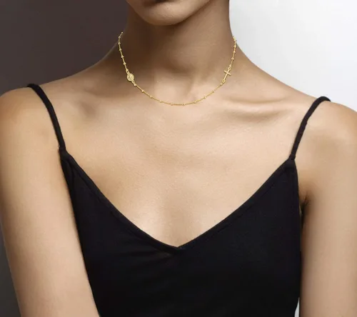 Miniatura 4 de Miabella - Collar de plata de ley italiana 925 bañado en oro de 18 quilates con cuentas de rosario italiano y cruz lateral en forma de flor