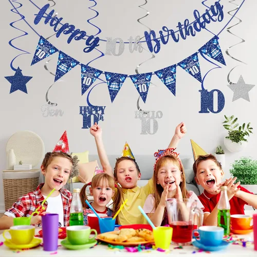 Miniatura 5 de Decoración de cumpleaños número 10 azul y plateado para niños y niñas, cartel de feliz cumpleaños número 10, estrellas de diez años, espirales