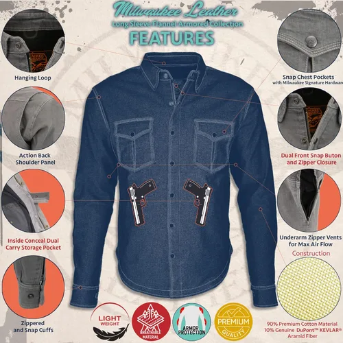 Miniatura 6 de Camisa de motociclista Milwaukee Leather para hombre, de franela a cuadros azul con armadura aprobada por CE reforzada con fibra de aramida MPM1634