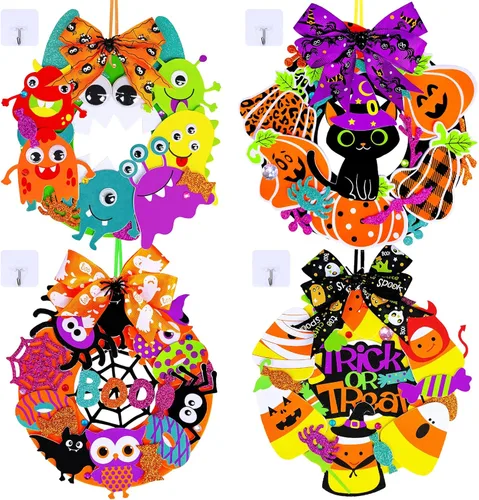 Winlyn 12 juegos de manualidades de Halloween, decoraciones de corona de otoño con calabaza, monstruo, maíz caramelo, araña, murciélago, calcomanías