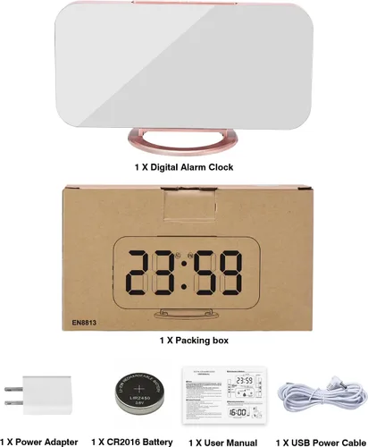 Miniatura 6 de Reloj despertador digital, relojes electrónicos con espejo LED de 7 pulgadas, con 2 puertos de carga USB, modo de suspensión, ajuste automático