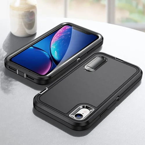 Miniatura 9 de IDweel Funda para iPhone XR, color negro para iPhone XR con soporte para hombres, protección resistente a prueba de golpes, antiarañazos, ajuste