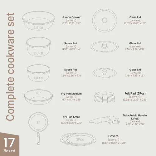 Miniatura 2 de Bakken - Juego de utensilios de cocina de aluminio recubierto de cerámica de 17 piezas, ollas y sartenes antiadherentes con tapas, utensilios