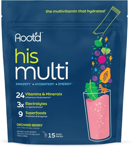 Miniatura 5 de Root'd Polvo multivitamínico para hombres - 24 vitaminas y minerales con 3X electrolitos, 9 superalimentos orgánicos, probióticos y enzimas