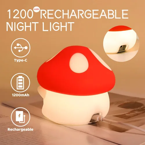 Miniatura 7 de Luz nocturna de hongos que cambia de color para niños, bonita lámpara de hongo de silicona blando, luz de noche recargable de 50 horas con control