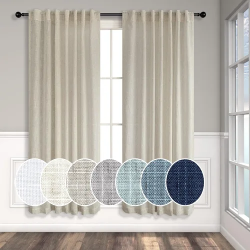 Miniatura 64 de Cortinas de lino azul de 84 pulgadas de largo para sala de estar; juego de 2 paneles con lengüeta trasera; cortinas con dobladillo para barra; Azul