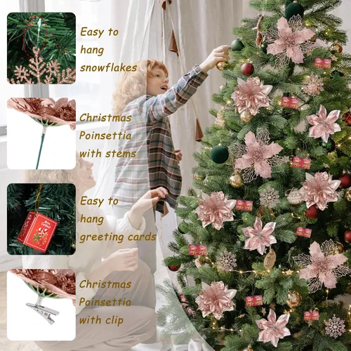 Miniatura 7 de BSMYBO 59 piezas 6 estilos de flores de Pascua artificiales para árbol de Navidad, adornos de Navidad en color oro rosa con tallos de bayas, copos